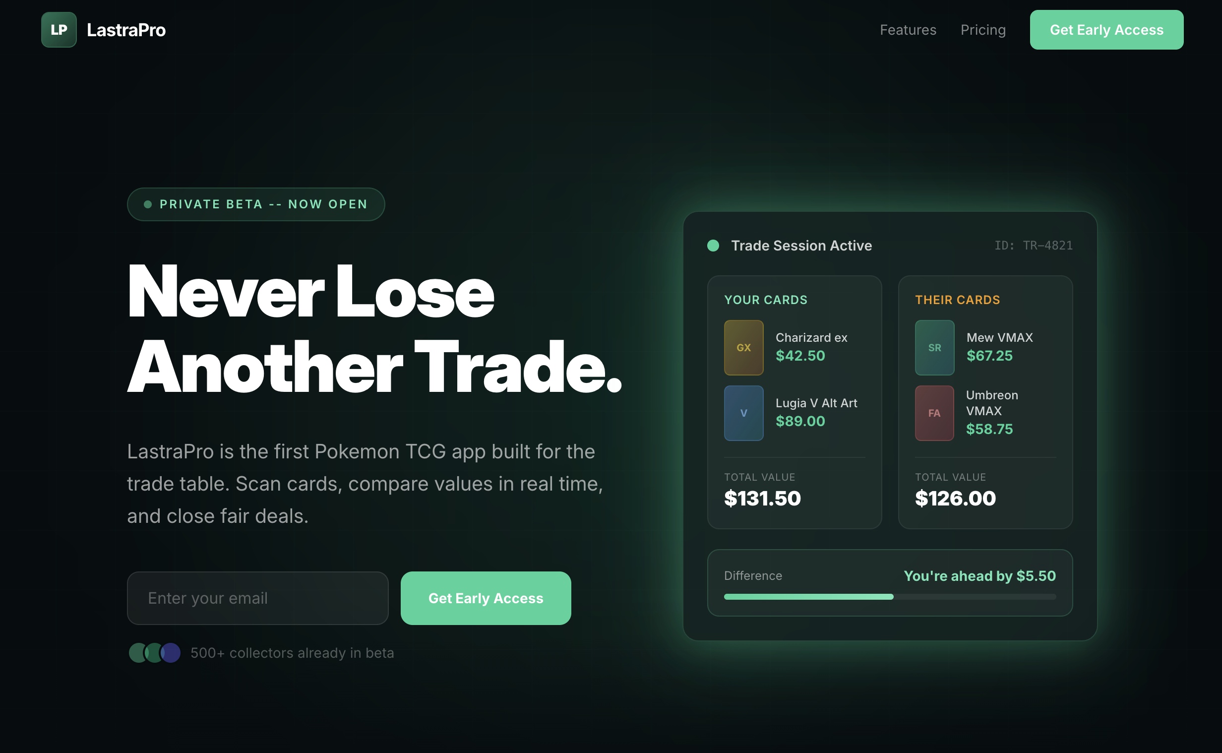 Screenshot of lastrapro.com showing an active Pokemon TCG trade session
